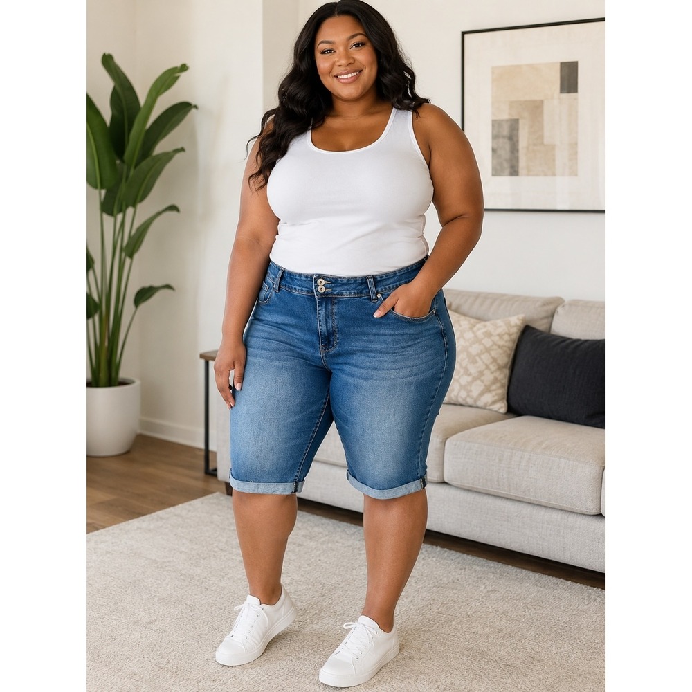 Sandpiper Women's 22W Denim Bermuda Shorts Cuffed Medium Wash Plus Size